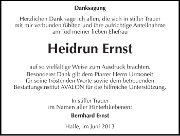 Traueranzeige von Heidrun Ernst von Mitteldeutsche Zeitung Halle/Saalkreis