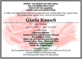 Traueranzeige von Gisela Kausch von Mitteldeutsche Zeitung Naumburg/Nebra