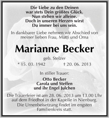 Traueranzeige von Marianne Becker von Mitteldeutsche Zeitung Bernburg