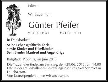 Traueranzeige von Günter Pfeifer von Mitteldeutsche Zeitung Naumburg/Nebra