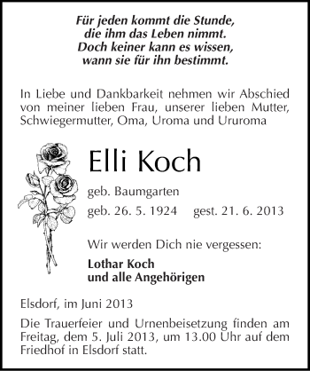 Traueranzeige von Elli Koch von Mitteldeutsche Zeitung Köthen