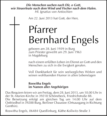 Traueranzeige von Bernhard Engels von Mitteldeutsche Zeitung Quedlinburg