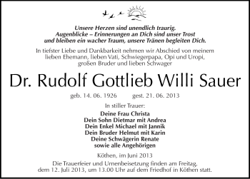 Traueranzeige von Rudolf Gottlieb Willi Sauer von Mitteldeutsche Zeitung Köthen
