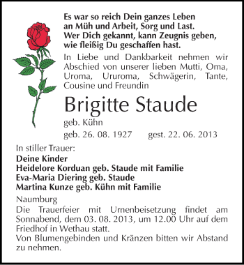 Traueranzeige von Brigitte Staude von Mitteldeutsche Zeitung Naumburg/Nebra