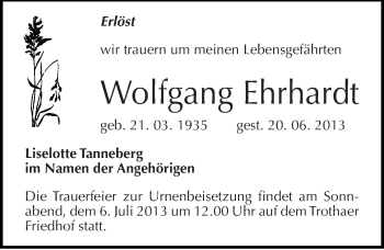 Traueranzeige von Wolfgang Ehrhardt von Mitteldeutsche Zeitung Halle/Saalkreis