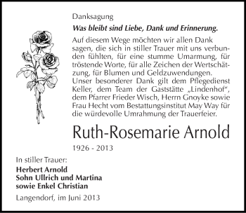 Traueranzeige von Ruth-Rosemarie Arnold von Mitteldeutsche Zeitung Weißenfels