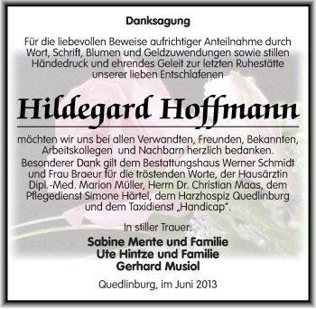 Traueranzeige von Hildegard Hoffmann von Mitteldeutsche Zeitung Quedlinburg