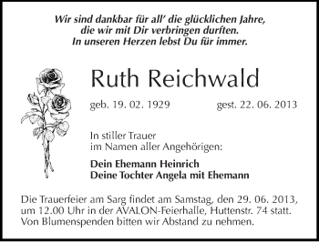 Traueranzeige von Ruth Reichwald von Mitteldeutsche Zeitung Halle/Saalkreis