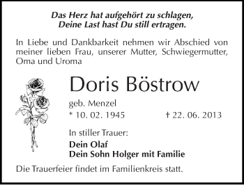 Traueranzeige von Doris Böstrow von Mitteldeutsche Zeitung Halle/Saalkreis