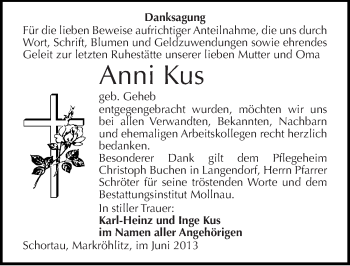 Traueranzeige von Anni Kus von Mitteldeutsche Zeitung Merseburg/Querfurt