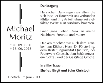 Traueranzeige von Michael Moritz von Mitteldeutsche Zeitung Köthen