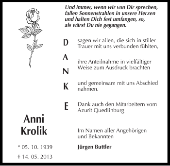 Traueranzeige von Anni Krolik von Mitteldeutsche Zeitung Quedlinburg