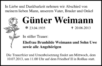 Traueranzeige von Günter Weimann von Mitteldeutsche Zeitung Dessau-Roßlau