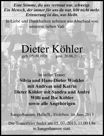 Traueranzeige von Dieter Köhler von Mitteldeutsche Zeitung Sangerhausen