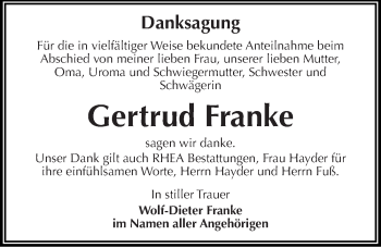 Traueranzeige von Gertrud Franke von Mitteldeutsche Zeitung Halle/Saalkreis