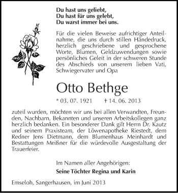 Traueranzeige von Otto Bethge von Mitteldeutsche Zeitung Sangerhausen
