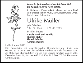 Traueranzeige von Ulrike Müller von Mitteldeutsche Zeitung Halle/Saalkreis