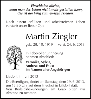 Traueranzeige von Martin Ziegler von Mitteldeutsche Zeitung Naumburg/Nebra