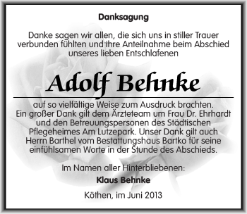 Traueranzeige von Adolf Behnke von Mitteldeutsche Zeitung Köthen