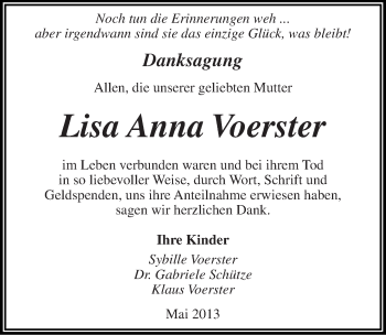 Traueranzeige von Lisa Anna Voerster von Mitteldeutsche Zeitung Quedlinburg