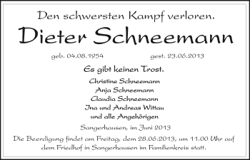 Traueranzeige von Dieter Schneemann von Mitteldeutsche Zeitung Sangerhausen