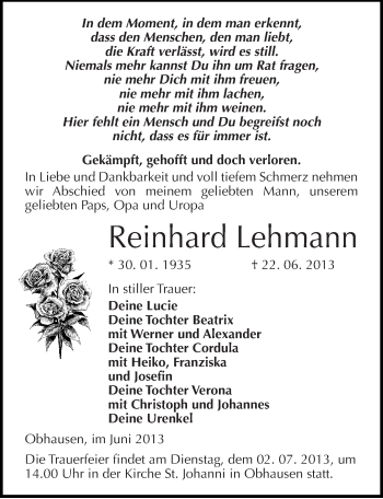 Traueranzeige von Reinhard Lehmann von Mitteldeutsche Zeitung Merseburg/Querfurt