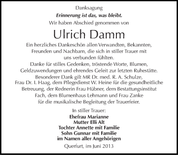 Traueranzeige von Ulrich Damm von Mitteldeutsche Zeitung Merseburg/Querfurt