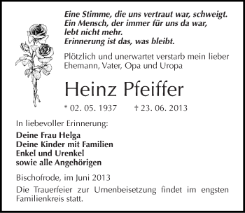 Traueranzeige von Heinz Pfeiffer von Mitteldeutsche Zeitung Mansfelder Land