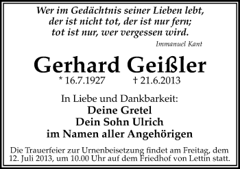 Traueranzeige von Gerhard Geißler von Mitteldeutsche Zeitung Halle/Saalkreis