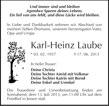 Traueranzeige von Karl-Heinz Laube von Mitteldeutsche Zeitung Wittenberg