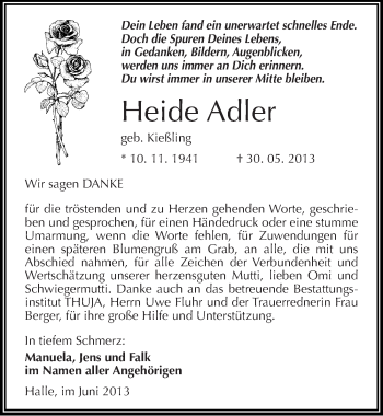 Traueranzeige von Heide Adler von Mitteldeutsche Zeitung Halle/Saalkreis