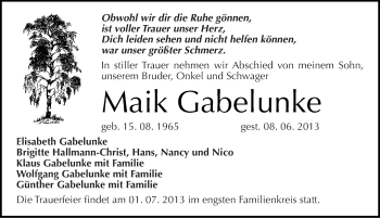 Traueranzeige von Maik Gabelunke von Mitteldeutsche Zeitung Wittenberg