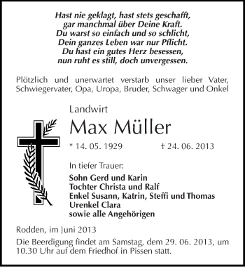 Traueranzeige von Max Müller von Mitteldeutsche Zeitung Merseburg/Querfurt
