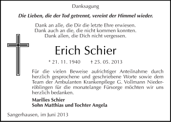 Traueranzeige von Erich Schier von Mitteldeutsche Zeitung Sangerhausen