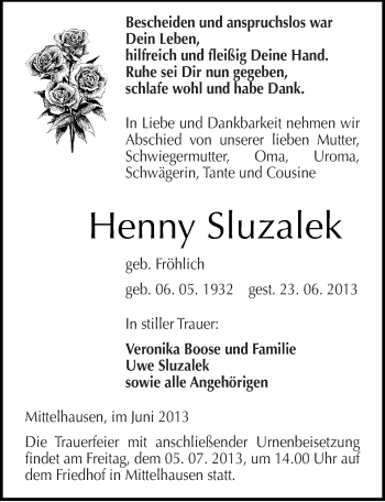Traueranzeige von Henny Sluzalek von Mitteldeutsche Zeitung Sangerhausen