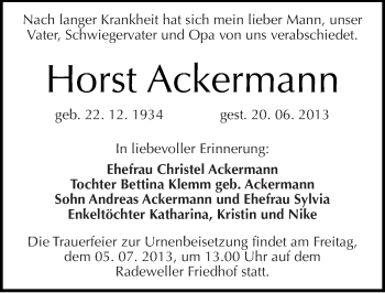 Traueranzeige von Horst Ackermann von Mitteldeutsche Zeitung Halle/Saalkreis