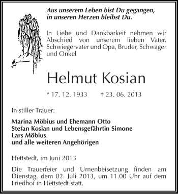 Traueranzeige von Helmut Kosian von Mitteldeutsche Zeitung Mansfelder Land