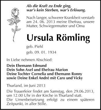 Traueranzeige von Ursula Römling von Mitteldeutsche Zeitung Bitterfeld