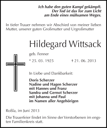 Traueranzeige von Hildegard Wittsack von Mitteldeutsche Zeitung Sangerhausen
