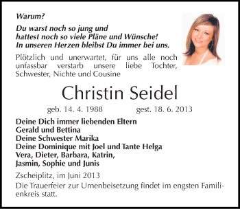 Traueranzeige von Christin Seidel von Mitteldeutsche Zeitung Naumburg/Nebra