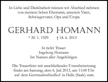 Traueranzeige von Gerhard Homann von Mitteldeutsche Zeitung Halle/Saalkreis