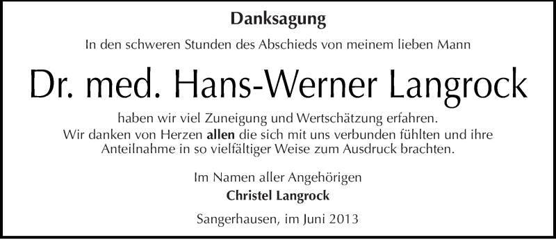  Traueranzeige für Hans-Werner Langrock vom 29.06.2013 aus Mitteldeutsche Zeitung Sangerhausen