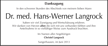 Traueranzeige von Hans-Werner Langrock von Mitteldeutsche Zeitung Sangerhausen