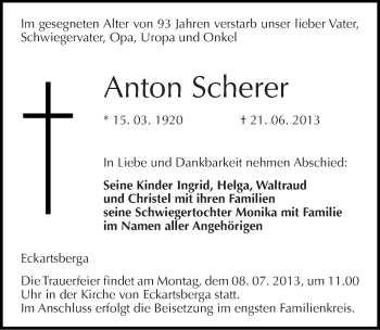 Traueranzeige von Anton Scherer von Mitteldeutsche Zeitung Naumburg/Nebra