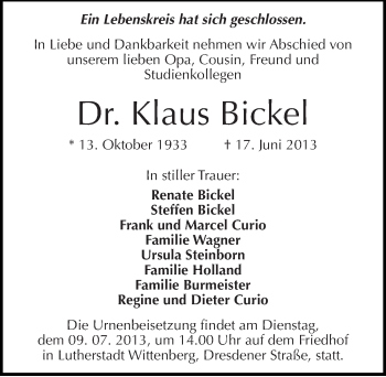 Traueranzeige von Klaus Bickel von Mitteldeutsche Zeitung Wittenberg