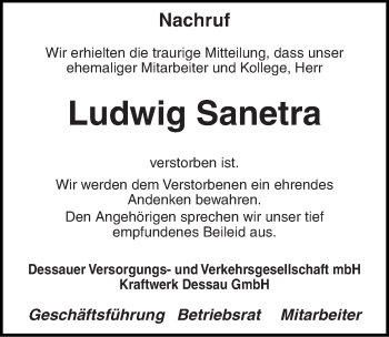 Traueranzeige von Ludwig Sanetra von Mitteldeutsche Zeitung Dessau-Roßlau