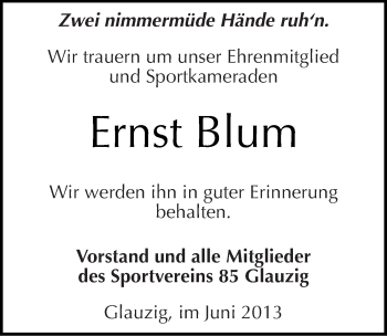 Traueranzeige von Ernst Blum von Mitteldeutsche Zeitung Köthen