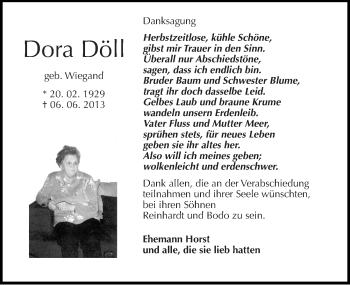 Traueranzeige von Dora Döll von Mitteldeutsche Zeitung Merseburg/Querfurt