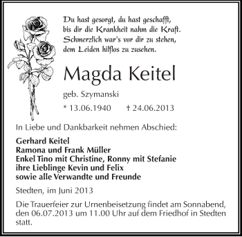 Traueranzeige von Magda Keitel von Mitteldeutsche Zeitung Mansfelder Land