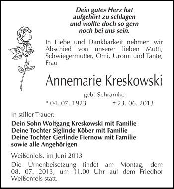 Traueranzeige von Annemarie Kreskowski von Mitteldeutsche Zeitung Weißenfels